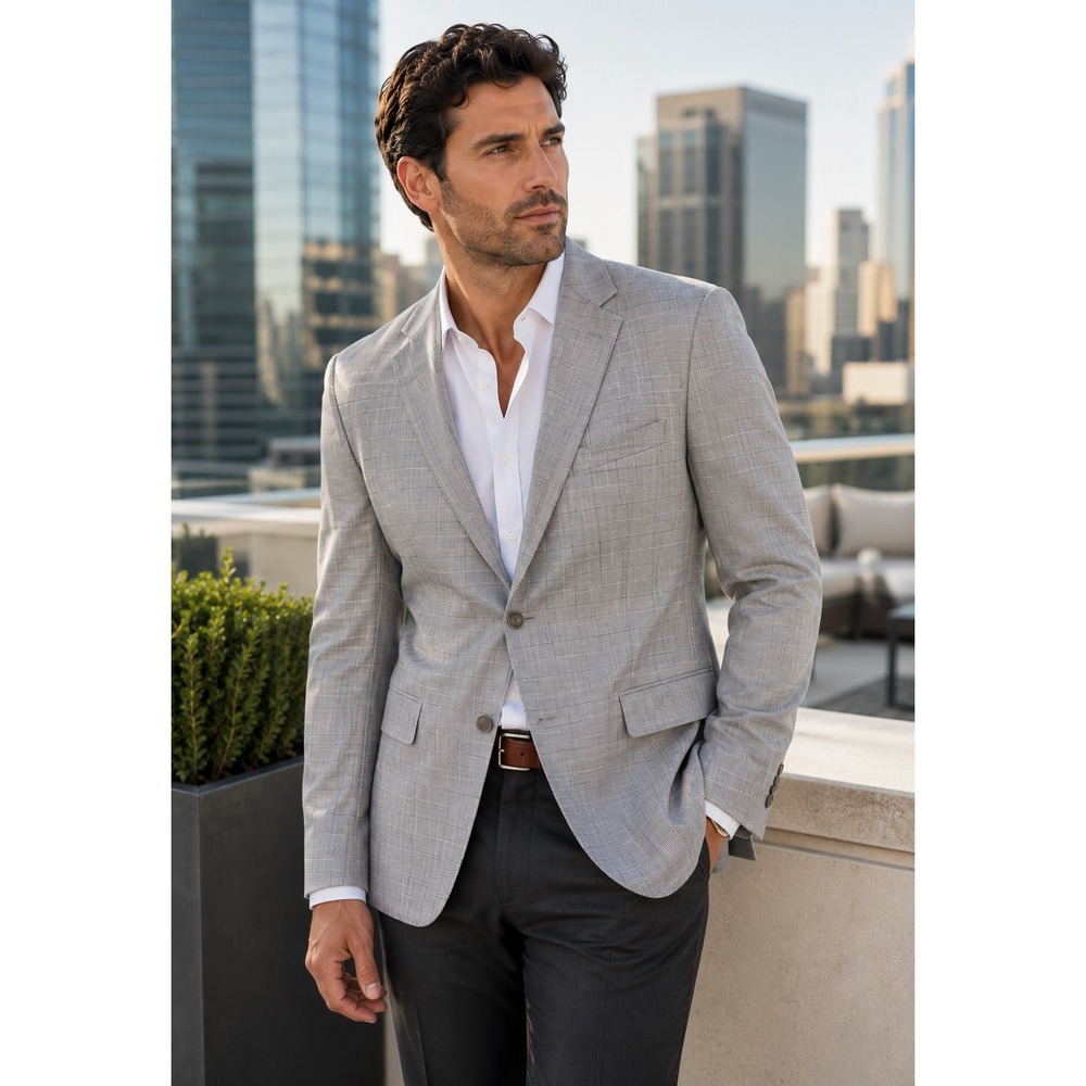 Reaction Kenneth Cole Gray Techni Cole Modern Fit Windowpane Sport Coat 40L